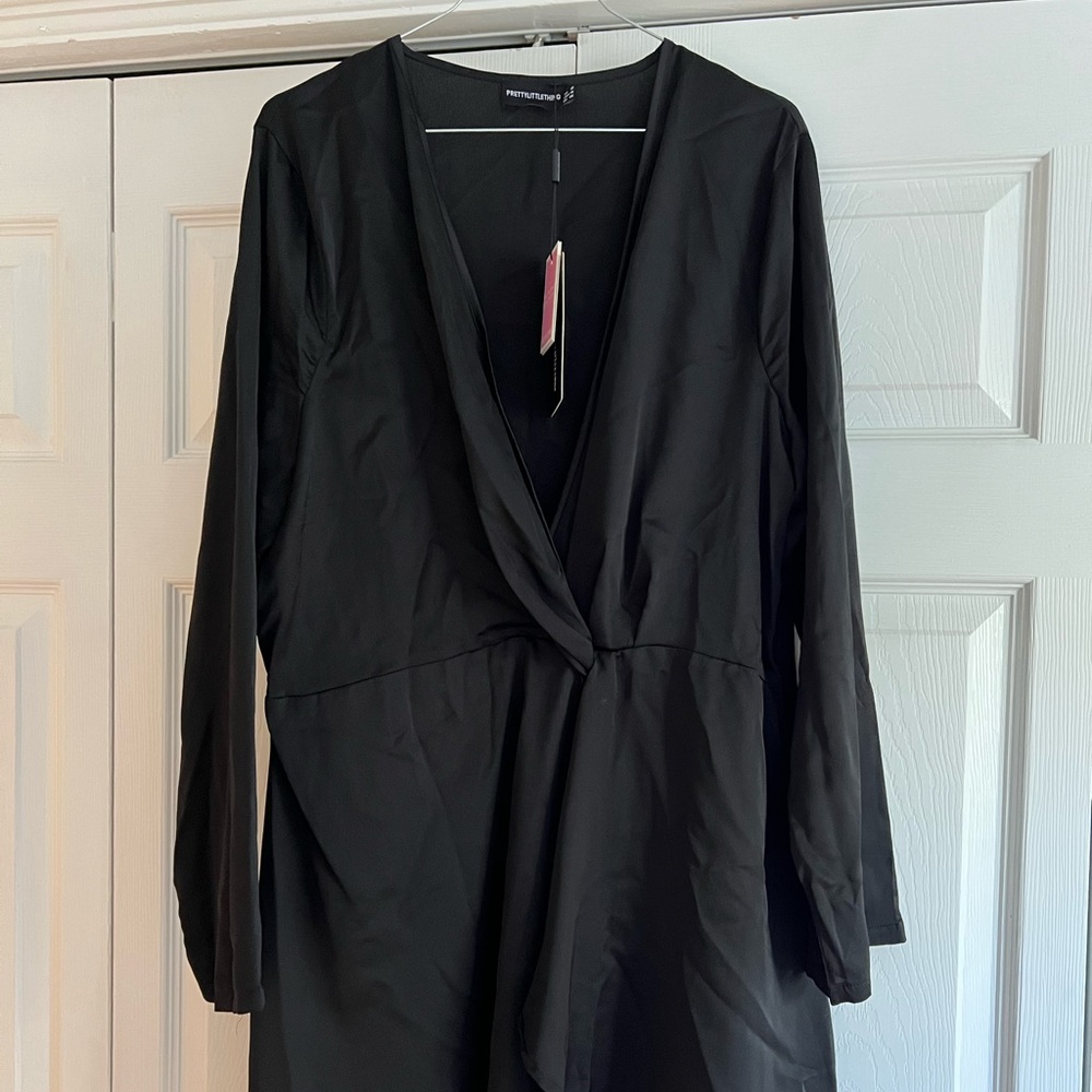 PrettyLittleThing Plus Black Satin Long Sleeve Wrap Dress